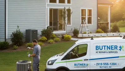 Professional AC repair technician servicing air conditioner in Durham NC home