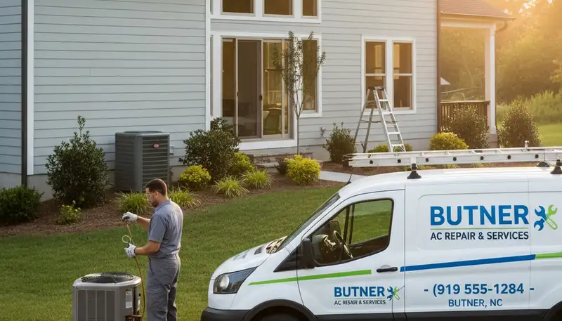 Professional AC repair technician servicing air conditioner in Durham NC home