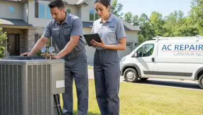Professional AC repair technician servicing air conditioner in Durham NC home