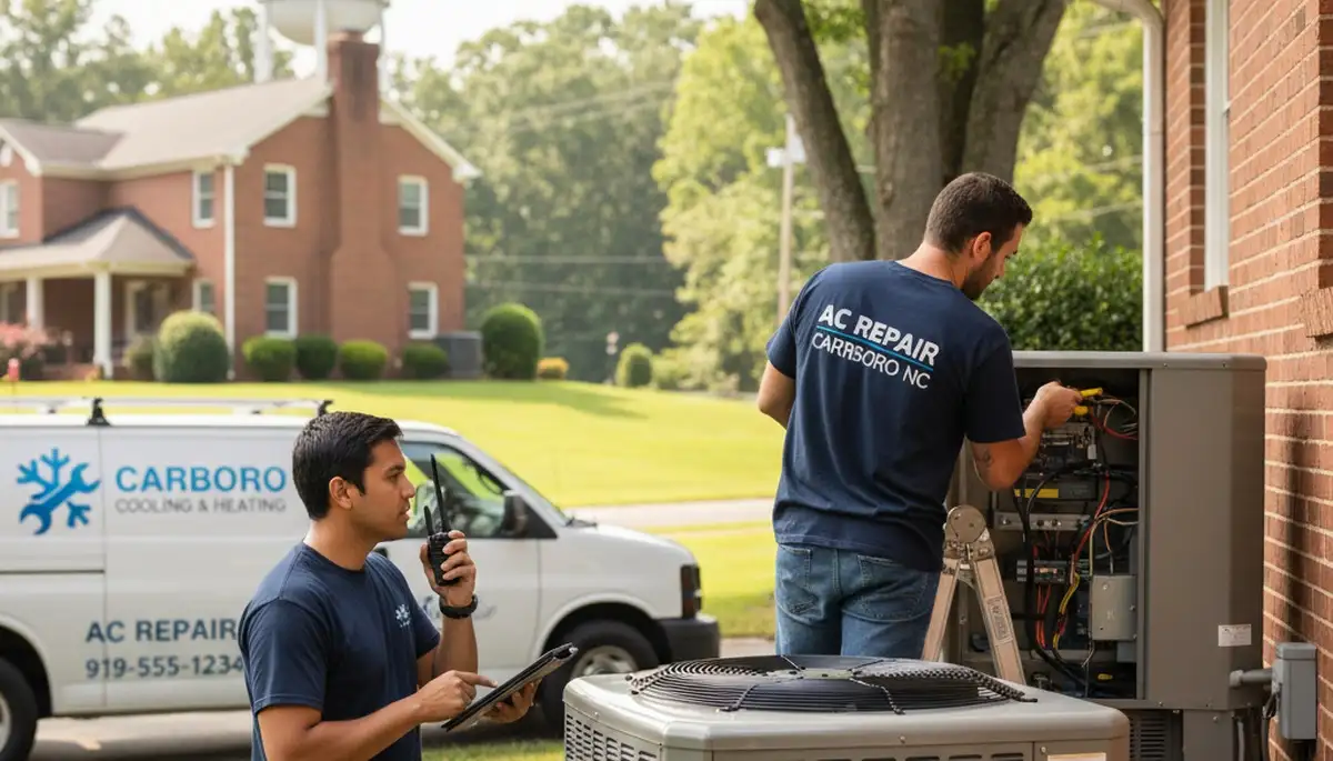 Professional AC repair technician servicing air conditioner in Durham NC home