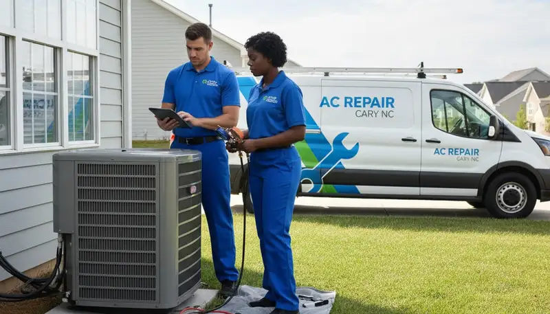 Professional AC repair technician servicing residential air conditioner in Durham NC