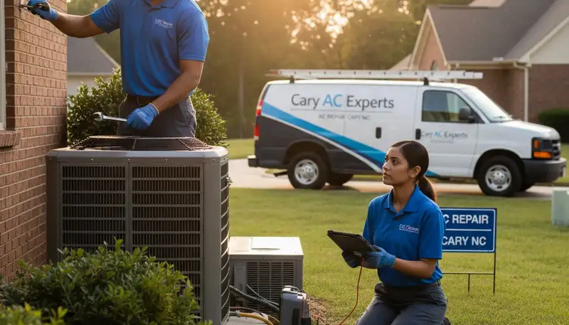 Professional AC repair technician servicing air conditioner unit in Durham NC home
