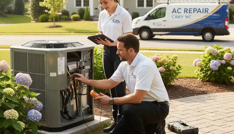 Professional AC repair technician servicing air conditioner in Durham NC home