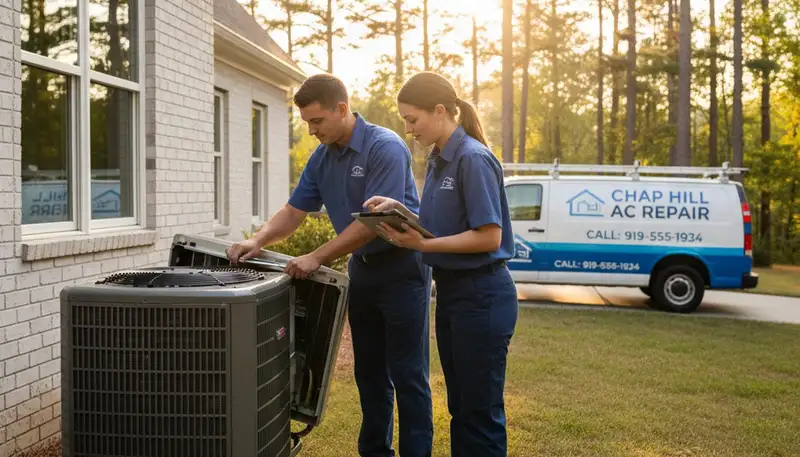 Professional AC repair technician servicing air conditioner unit in Durham NC home