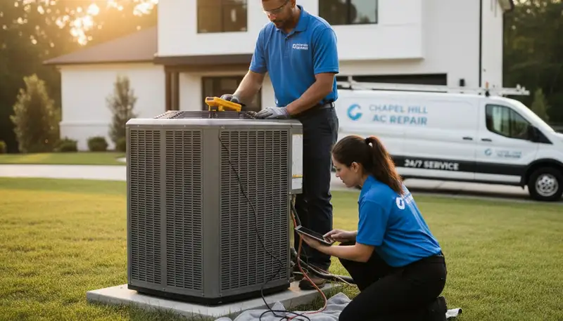 HVAC technician performing AC repair service in Durham NC home for acrepairdurham.com