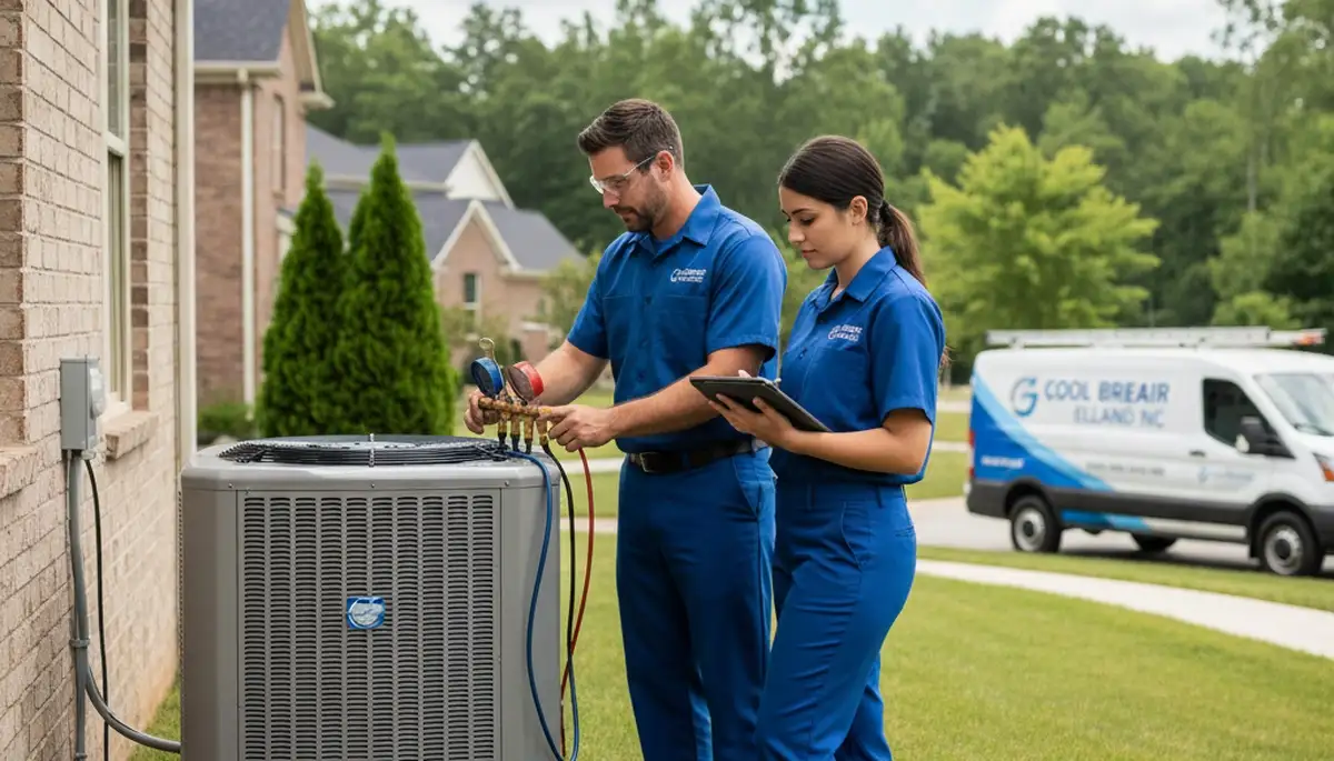 Professional AC repair technician servicing air conditioner unit in Durham NC home