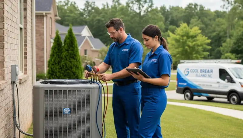 Professional AC repair technician servicing air conditioner unit in Durham NC home