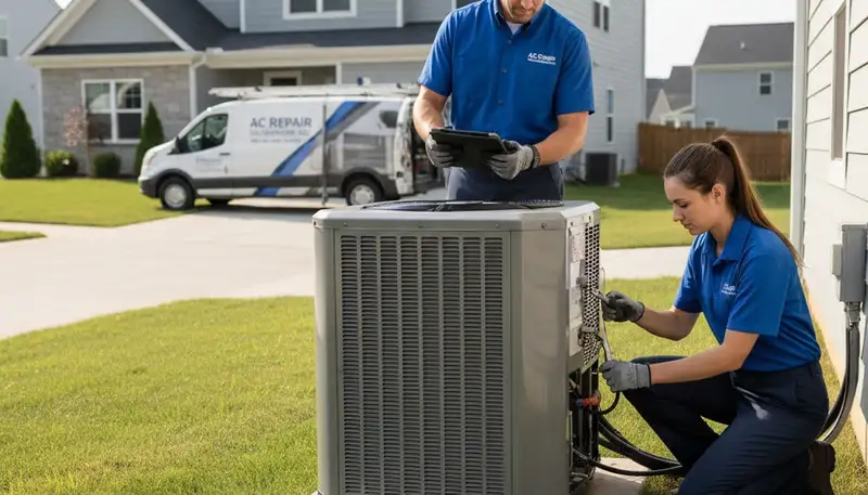 Professional AC repair technician servicing air conditioner unit in Durham NC home