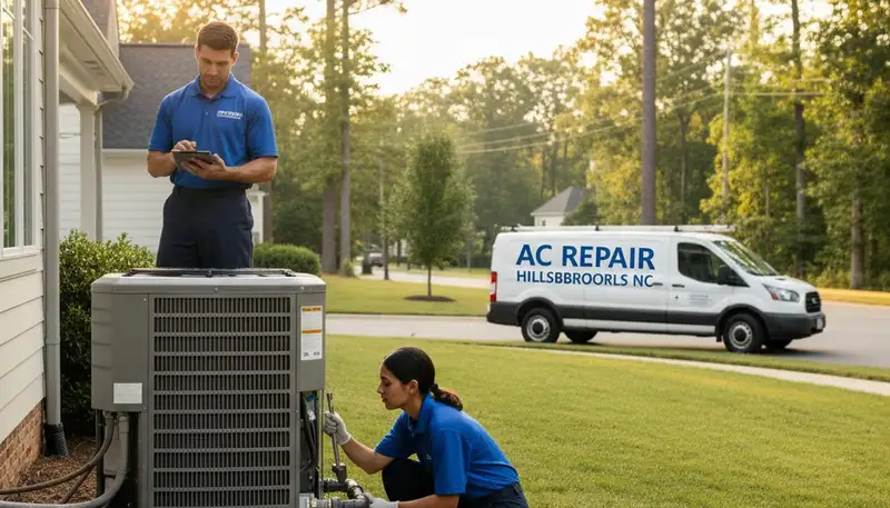 Professional AC repair technician servicing air conditioner in Durham NC home