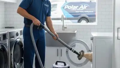 Technician cleaning dryer vent for improved airflow in Durham, NC home by Five Star Cooling