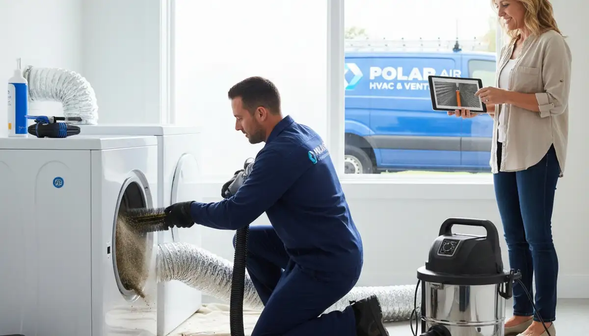Technician providing professional dryer vent cleaning service in Durham, NC home
