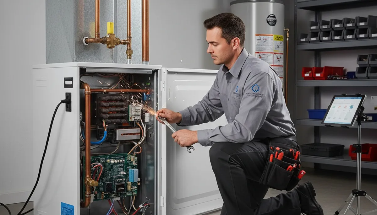 Technician performing furnace repair in Durham NC for Five Star Cooling heating service