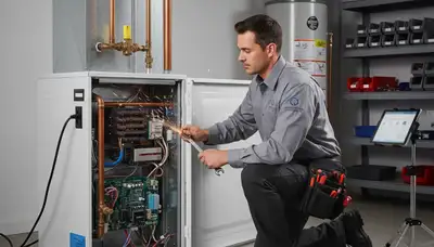 Technician performing furnace repair in Durham NC for Five Star Cooling heating service