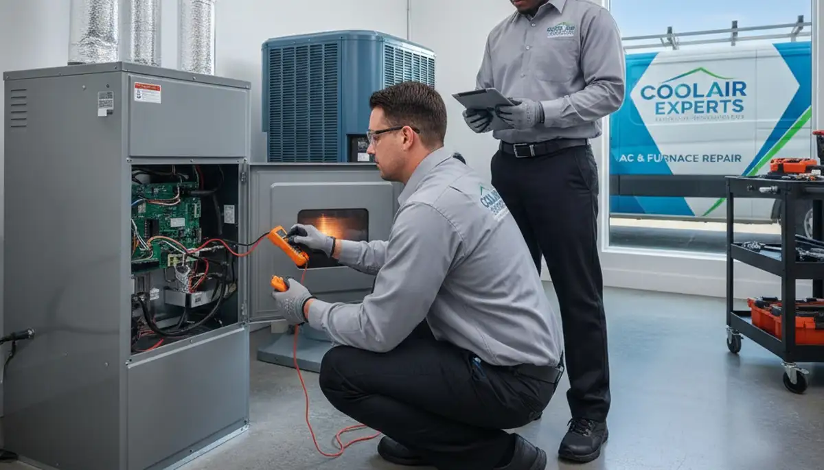 Technician performing furnace repair service in Durham NC home for Five Star Cooling