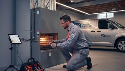 Technician performing heating repair on furnace in Durham, NC home