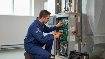 Technician performing heating repair on furnace in Durham NC home by Five Star Cooling