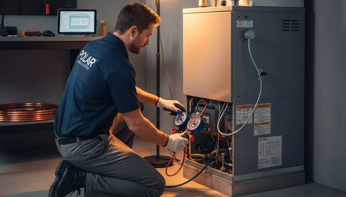 Technician performing heating repair service in Durham NC home for Five Star Cooling