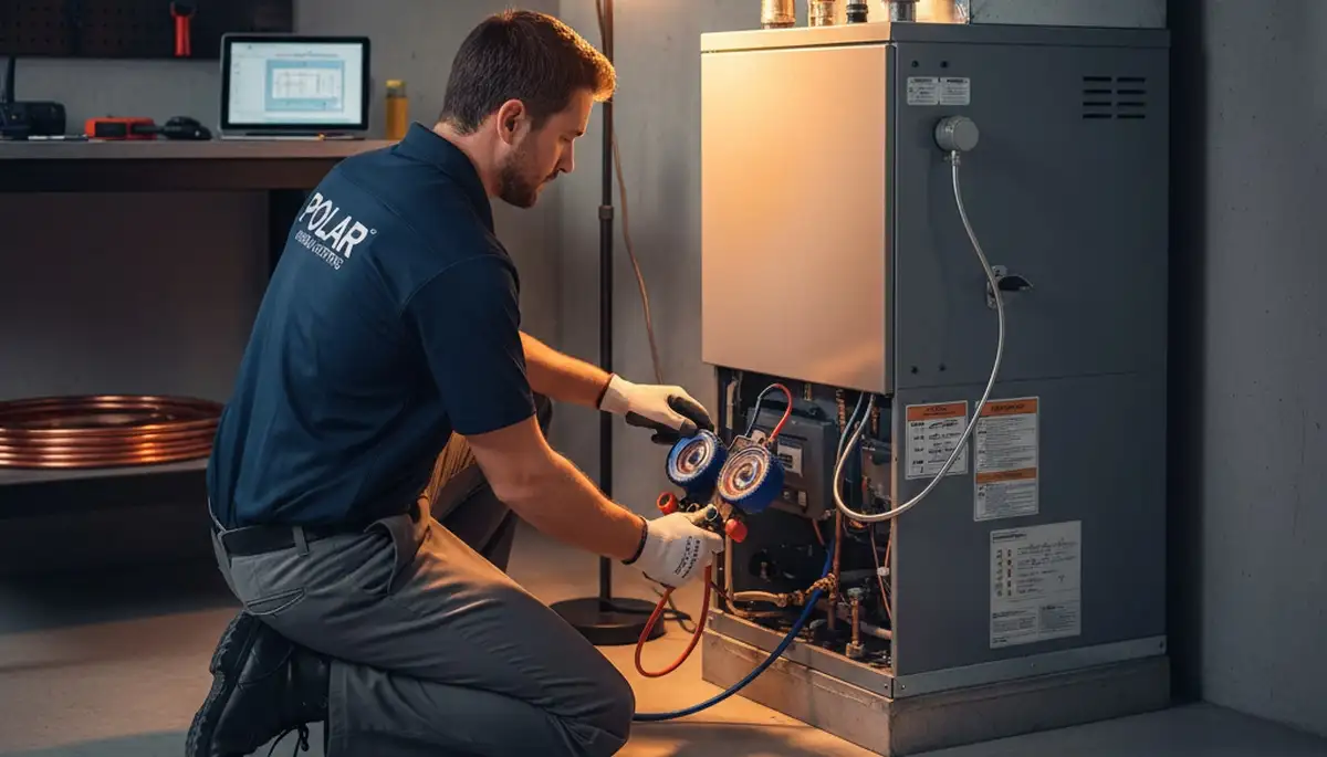 Technician performing heating repair service in Durham NC home for Five Star Cooling