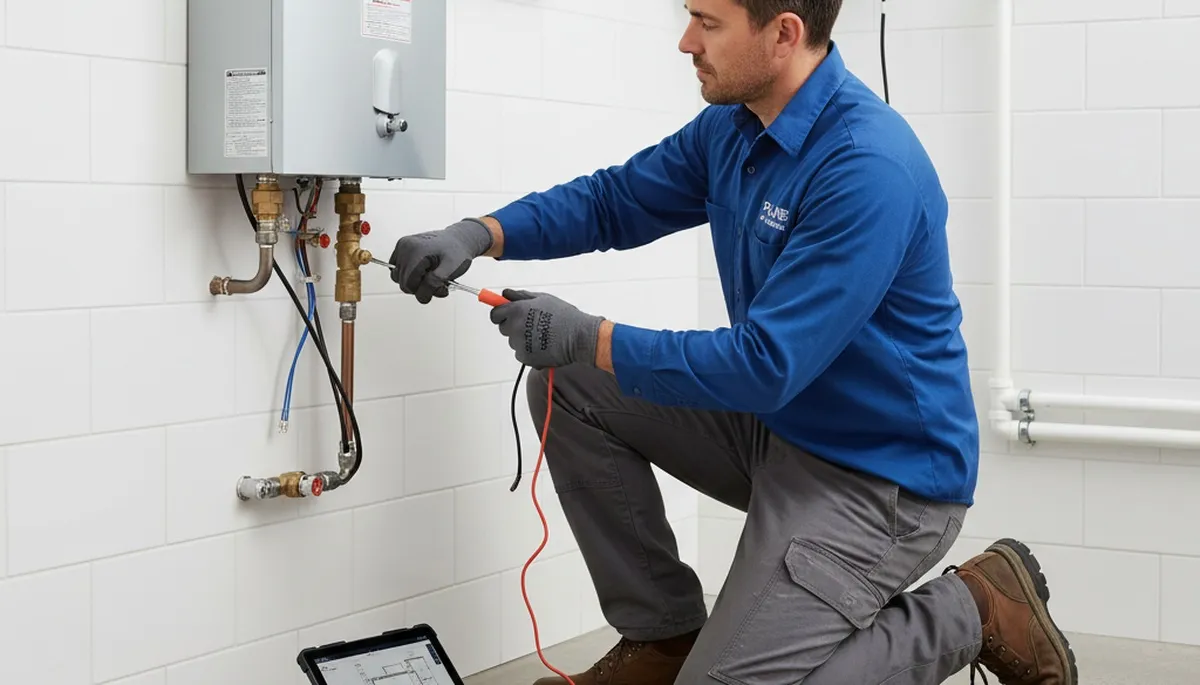 Technician performing water heater repair in Durham NC at Five Star Cooling service location
