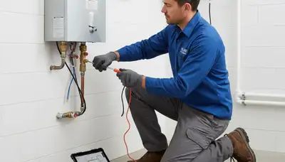 Technician performing water heater repair in Durham NC at Five Star Cooling service location