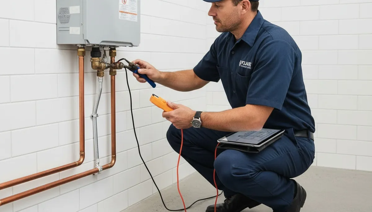 Technician performing water heater repair in Durham NC for Five Star Cooling service experts