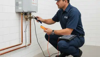 Technician performing water heater repair in Durham NC for Five Star Cooling service experts