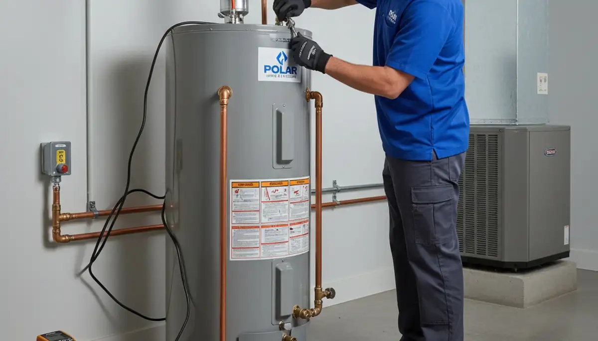 Technician repairing residential water heater in Durham NC for Five Star Cooling service page